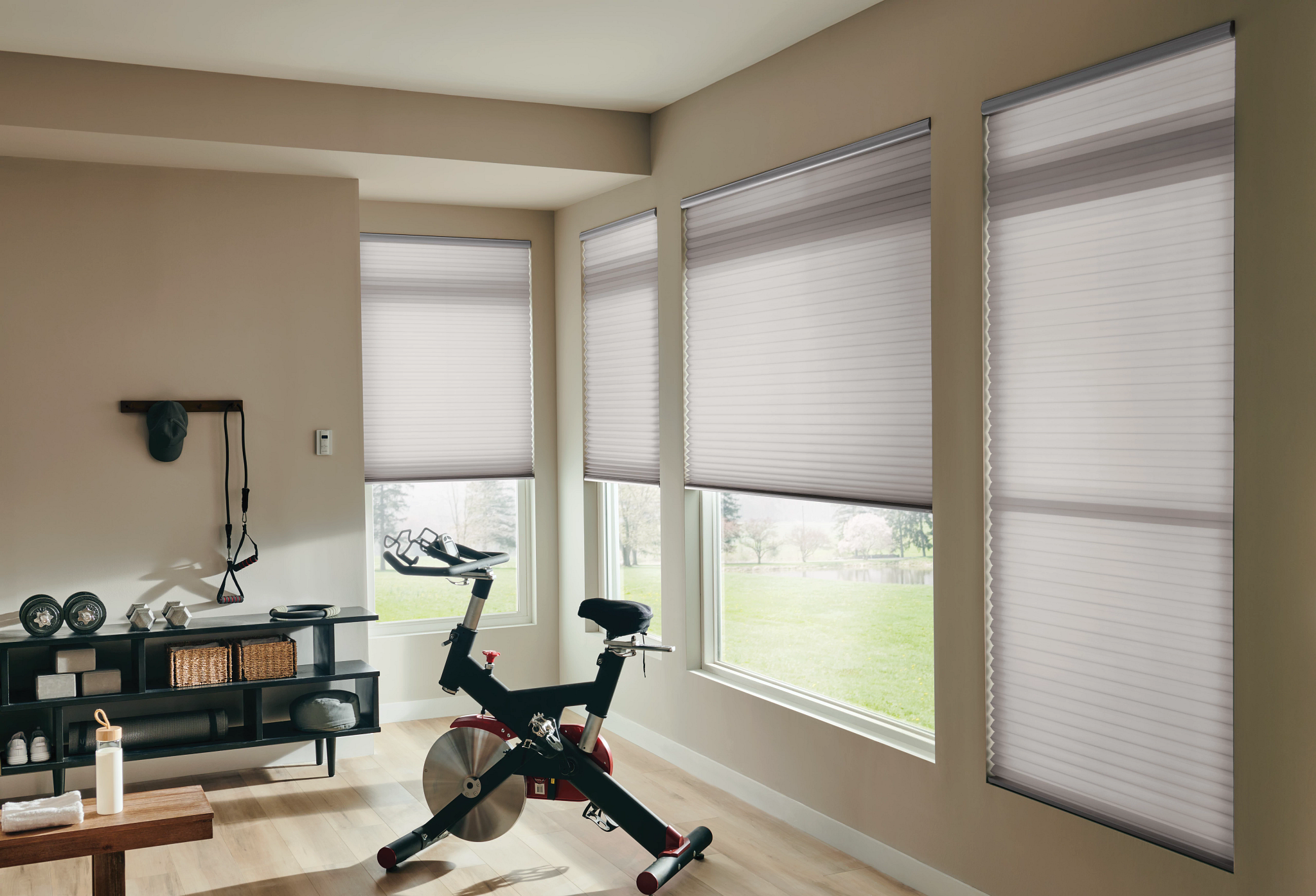 White cellular blinds in a modern kitchen with bright natural light