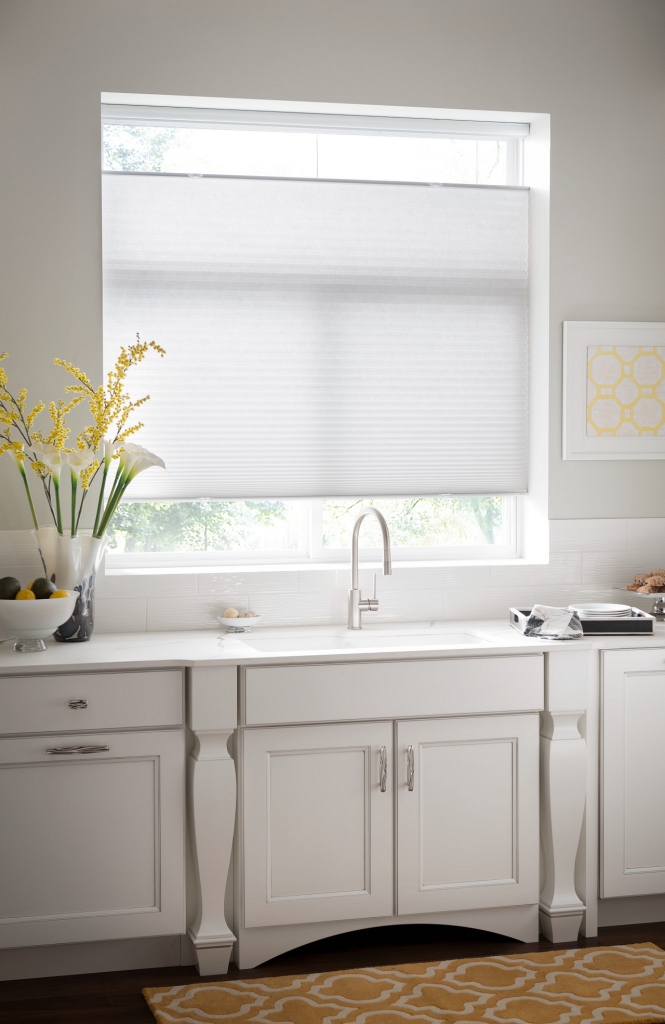 Cellular blinds in a bright living room showing honeycomb structure