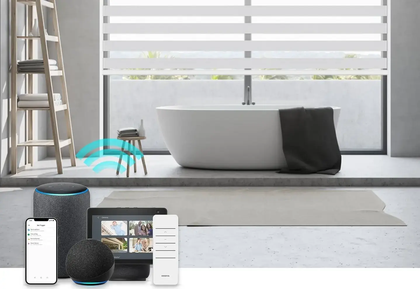 Smart home control interface showing motorized blind controls