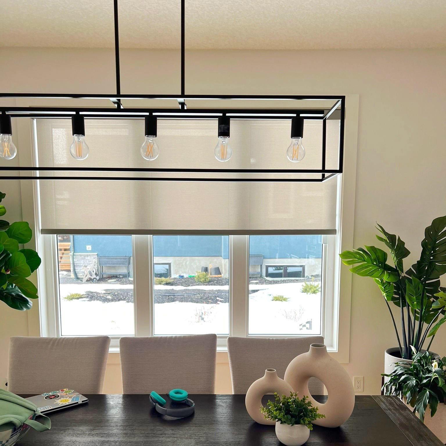 Light-filtering roller shade in a modern living room with clean lines