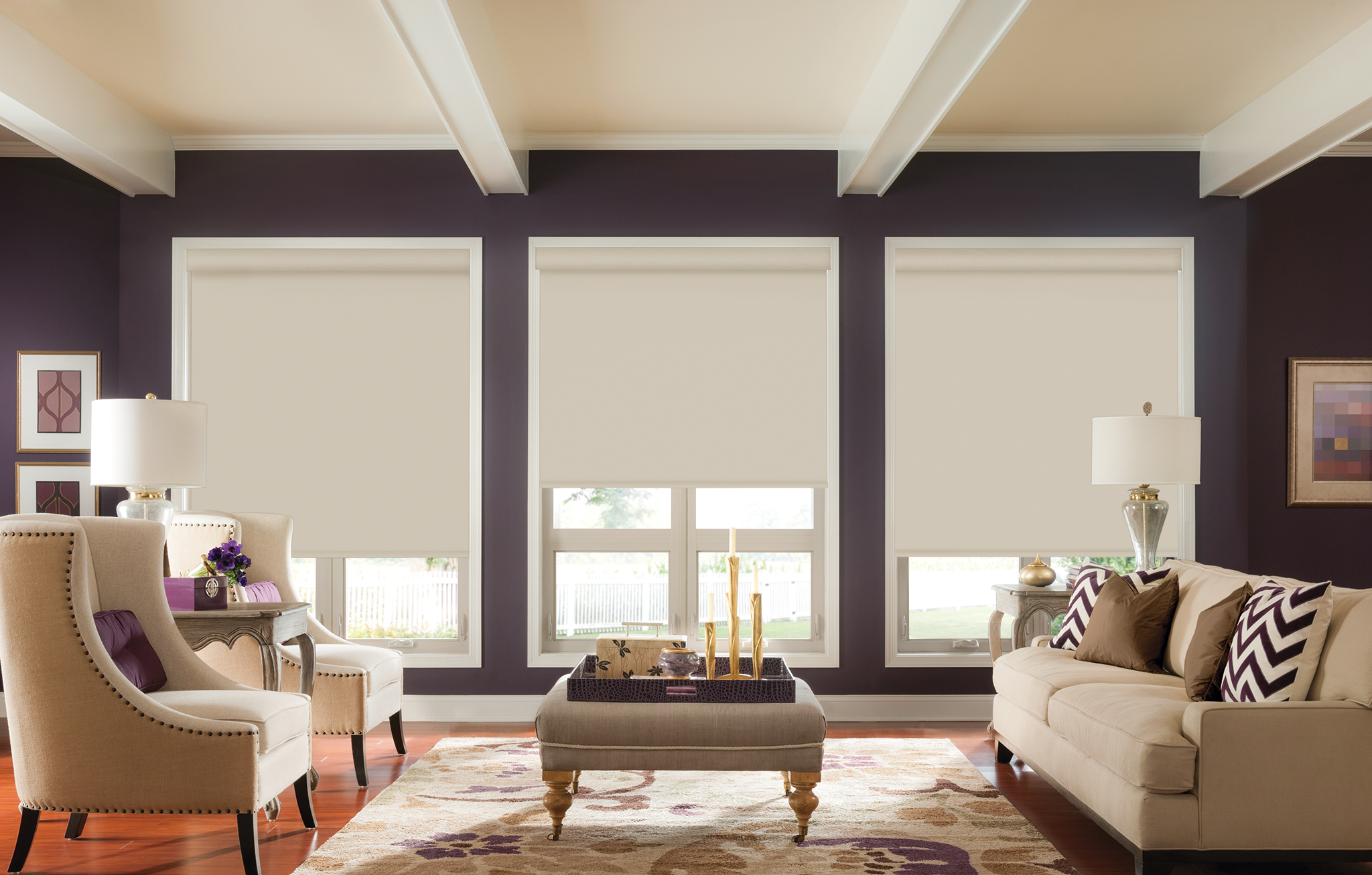 Light filtering roller shade in a bright living area